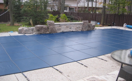 PoolTux Royal 25' X 45' Mesh Safety Cover | Blue | 4' x 8' Flush Left Step | CSPTBME25452