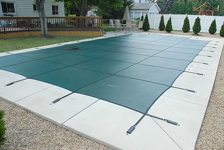 GLI Secur-A-Pool 14' x 28' Mesh Safety Cover | Green | 4' x 8' Center End Step | 201428RECES48SAPGRN