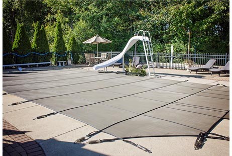 GLI Secur-A-Pool 20' x 40' Mesh Safety Cover | Tan | 3' x 8' Center End Step | 202040RECES38SAPTAN