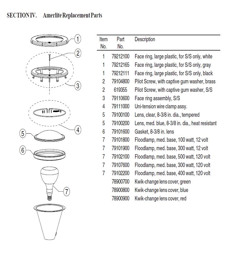 Pentair Amerlite Pool Light for Inground Pools with Stainless Steel Facering | 300W , 120V, 50' Cord | 78428100 Parts Schematic