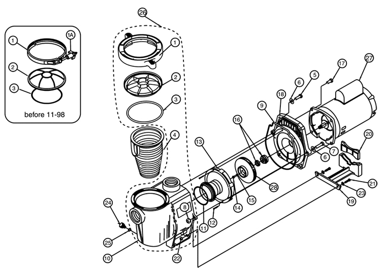 Pentair WhisperFlo 2 HP Energy Efficient  Full Rated 3-Phase Pool Pump 230-460V | WFK-8 | 011570 011643 Parts Schematic